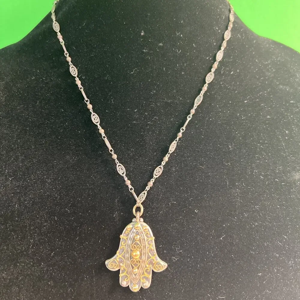 Michal Golan Hamsa Necklace Pendant Charm Handcrafted Brass 18” With 4” Extender